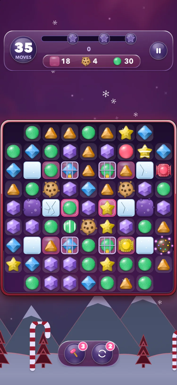 A level in Peppermint Peaks — the candy board over snowy mountains and candy canes, with goals for jelly, cookies and green candies