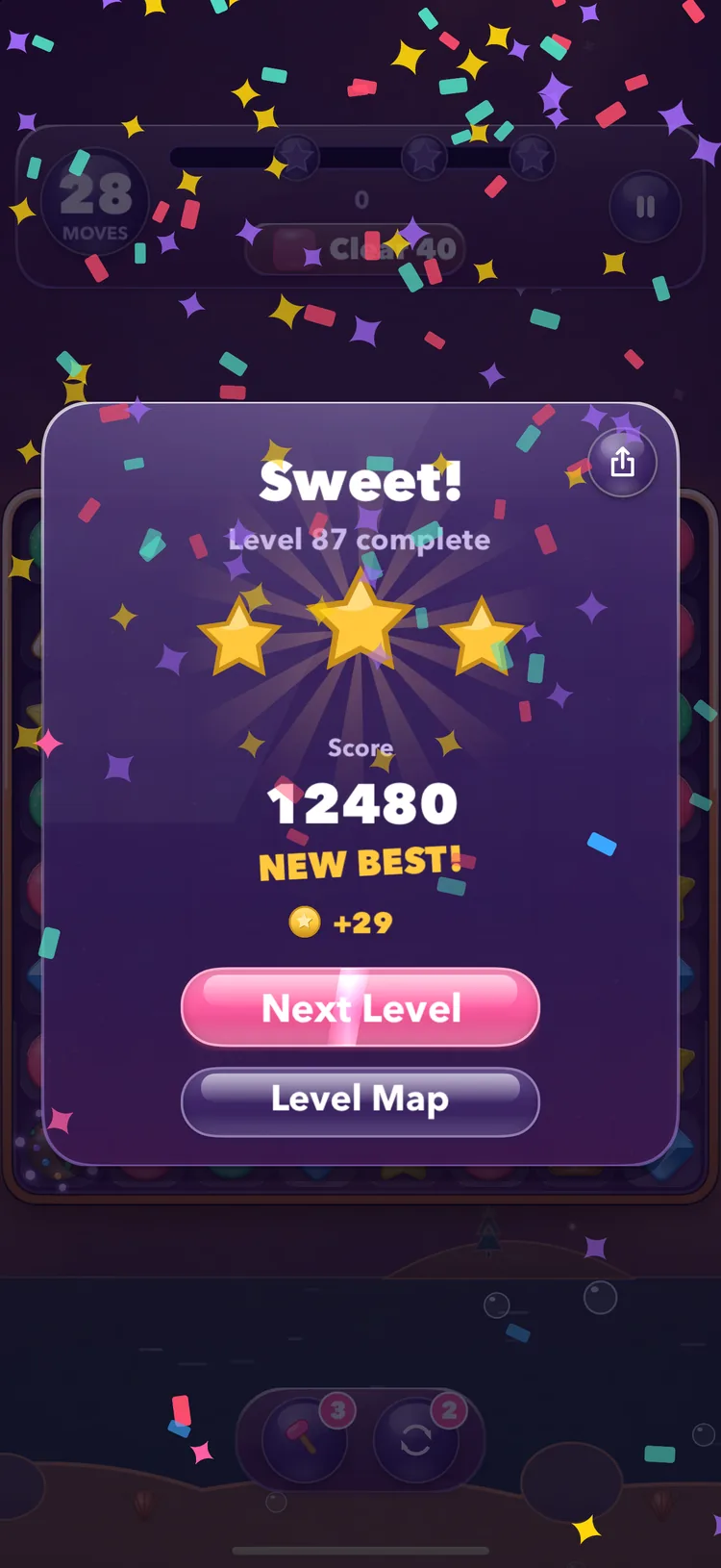 Level 87 complete — three stars, a new best score of 12,480 and confetti, with Next Level and Level Map buttons