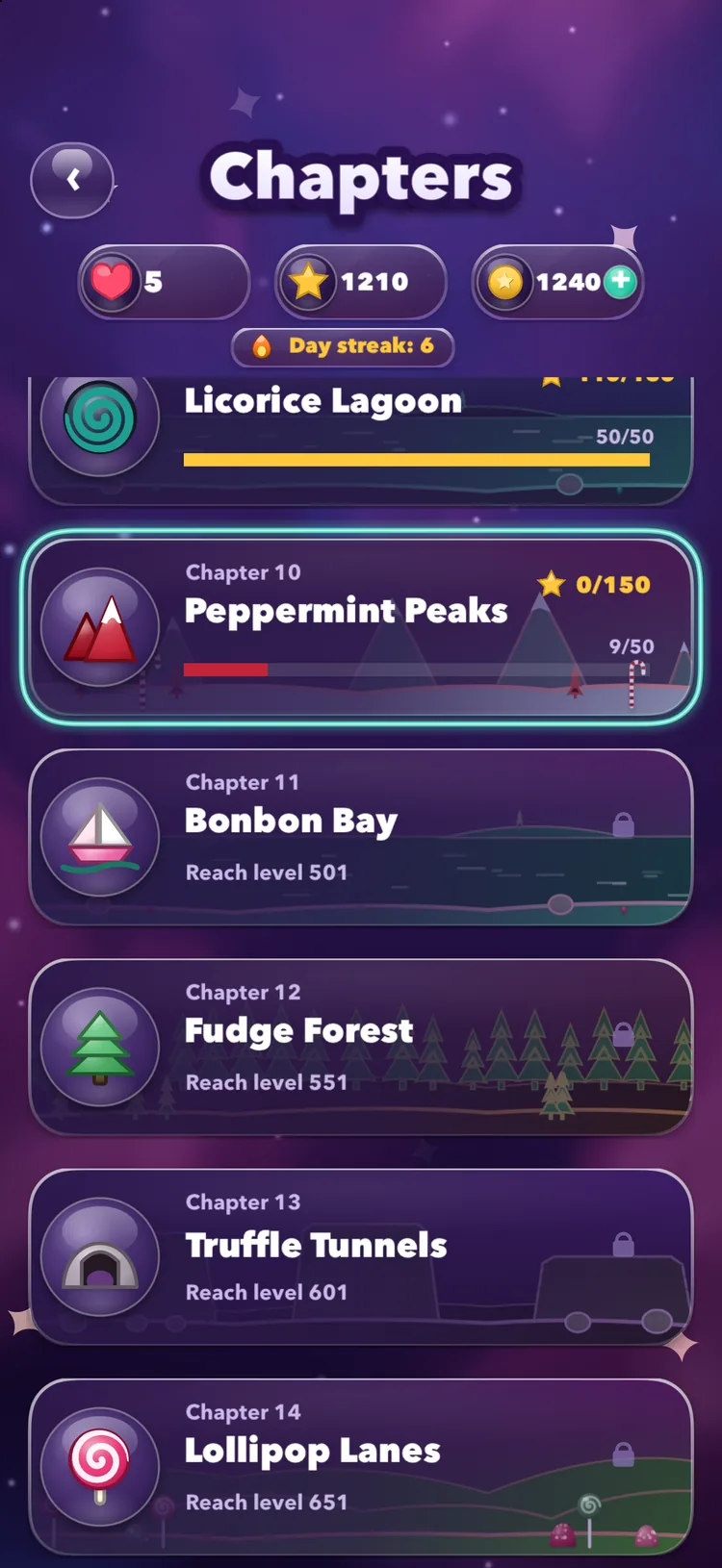 The chapter list — Licorice Lagoon finished, Peppermint Peaks in progress, and Bonbon Bay, Fudge Forest, Truffle Tunnels and Lollipop Lanes still to unlock