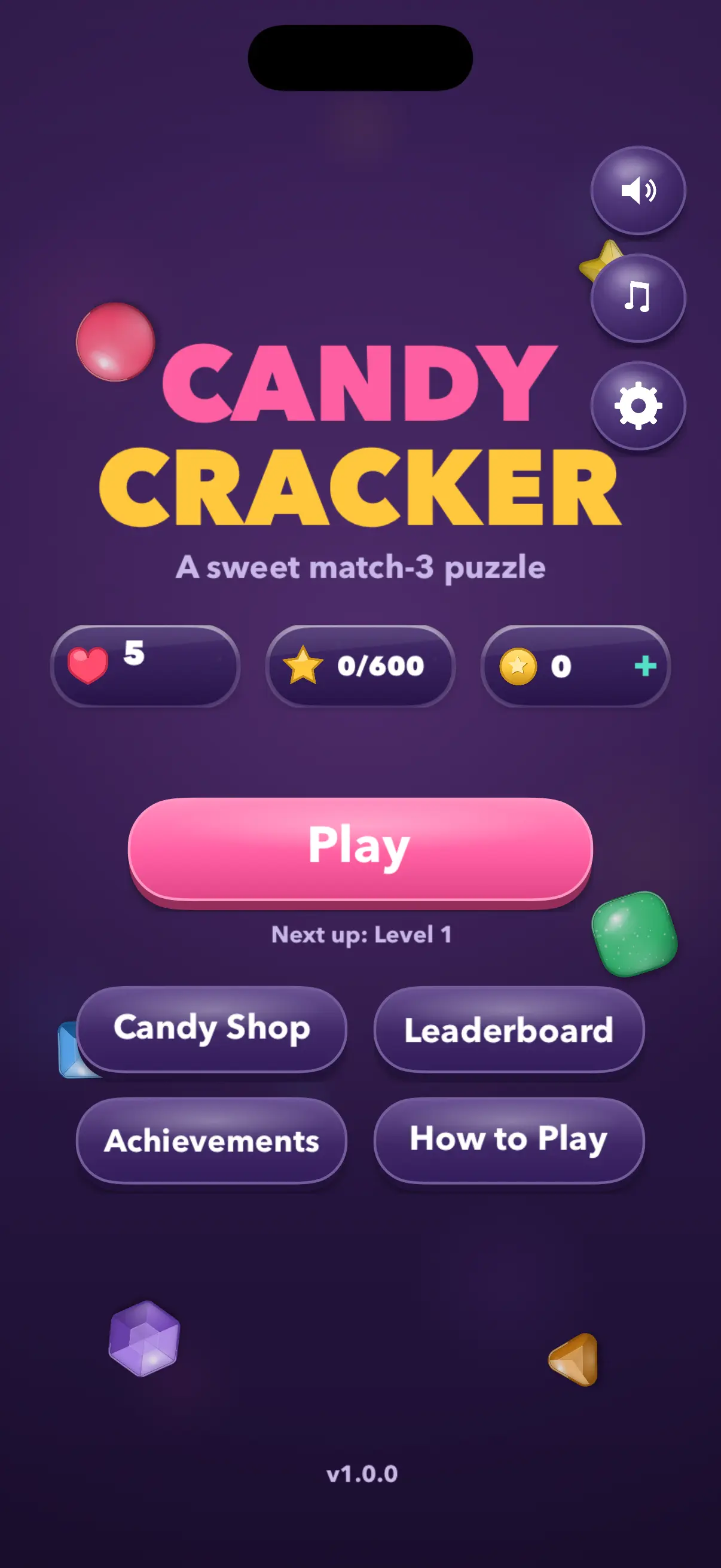 Candy Cracker home screen — the game's title over lives, stars and coins, with Play, Candy Shop, Leaderboard and Achievements