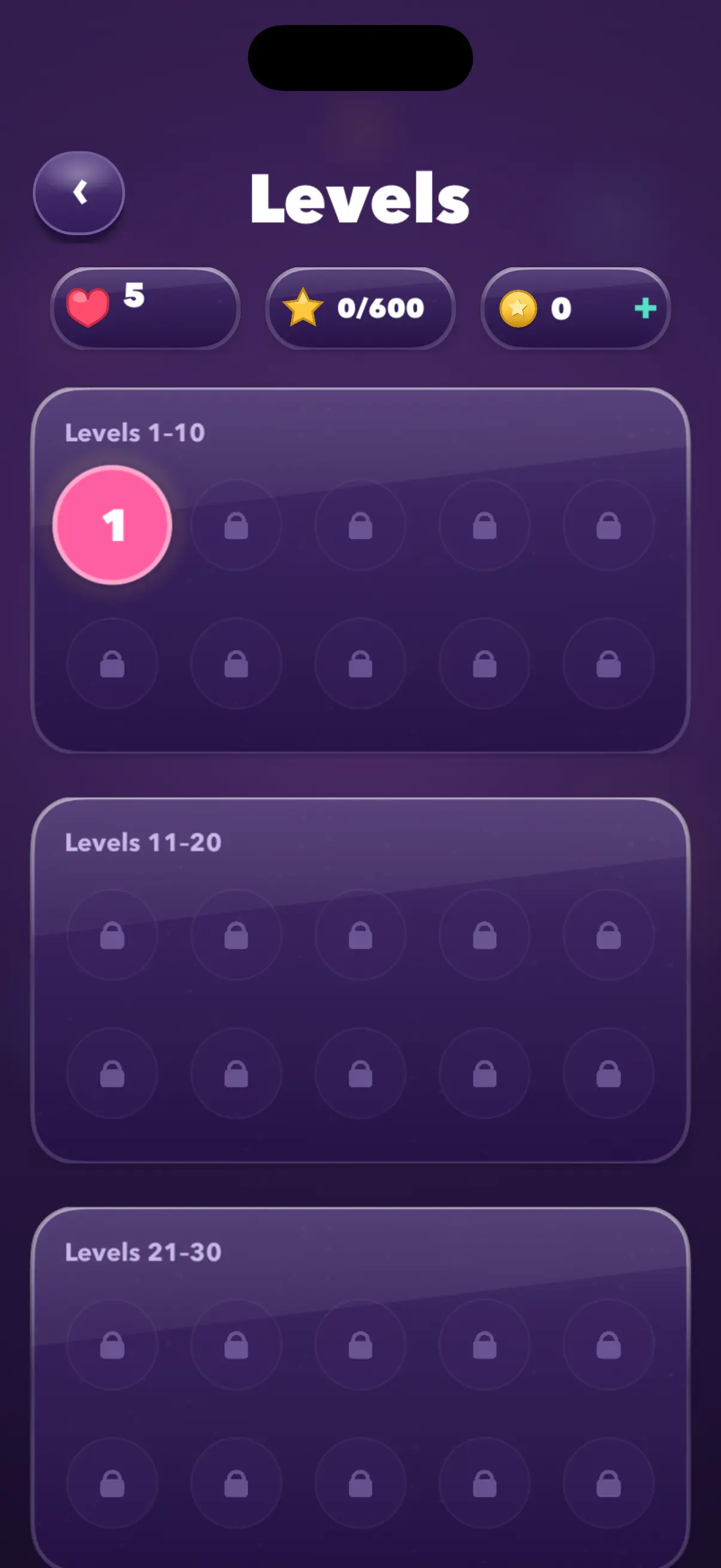 The level map — levels grouped in tens, with level 1 unlocked and later levels still locked