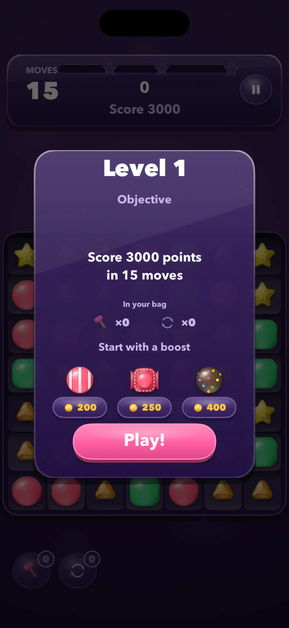 Level 1's objective card — score 3,000 points in 15 moves, with optional boosters to start with