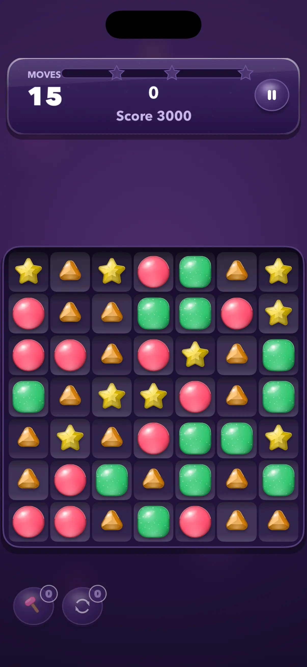 A match-3 board mid-level — a grid of candies above the moves counter, score target and boosters