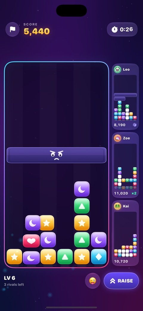 A four-player Combash battle with live rival boards and garbage blocks falling