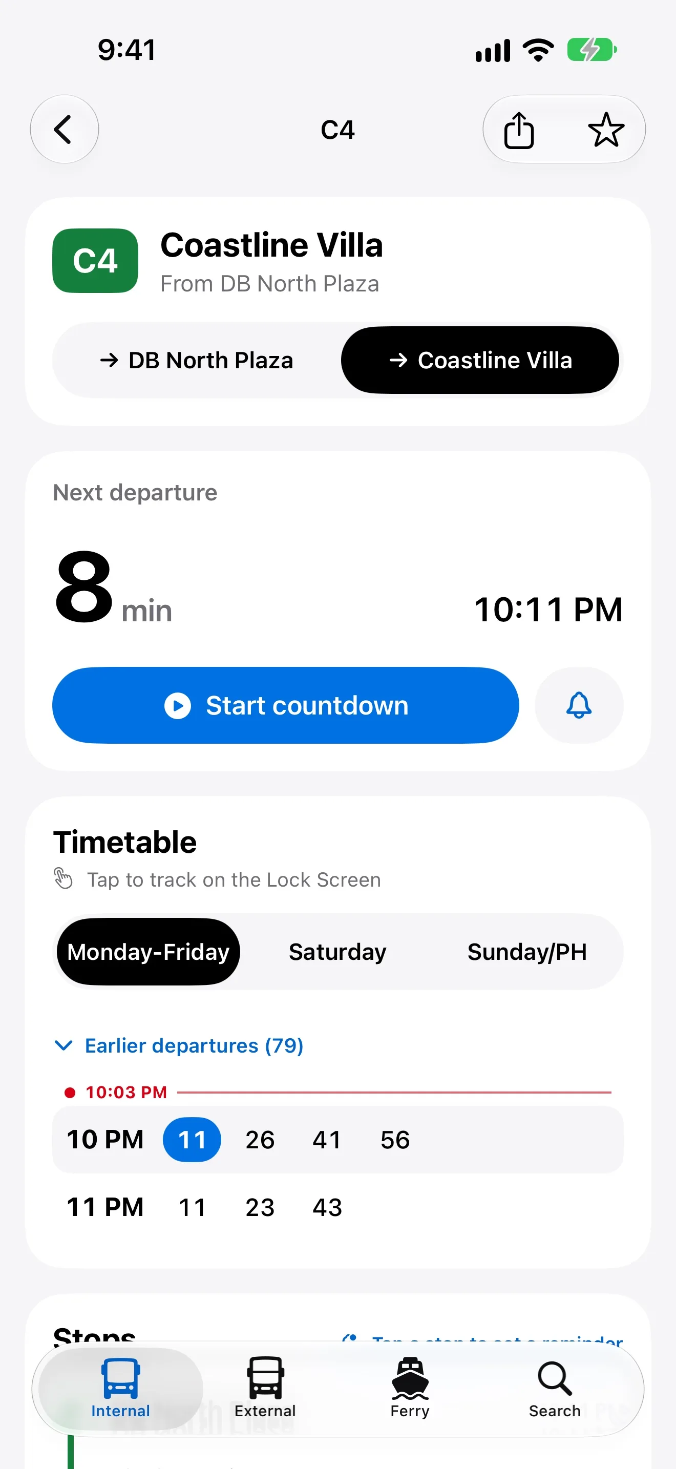 A DB Transport route page — route C4 with the next departure, a Start countdown button and the timetable by hour