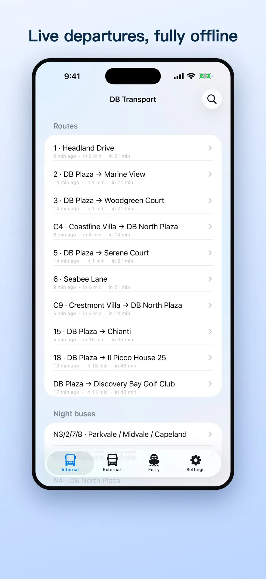 The DB Transport route list — internal Discovery Bay buses with live departure countdowns, and a separate night-bus section