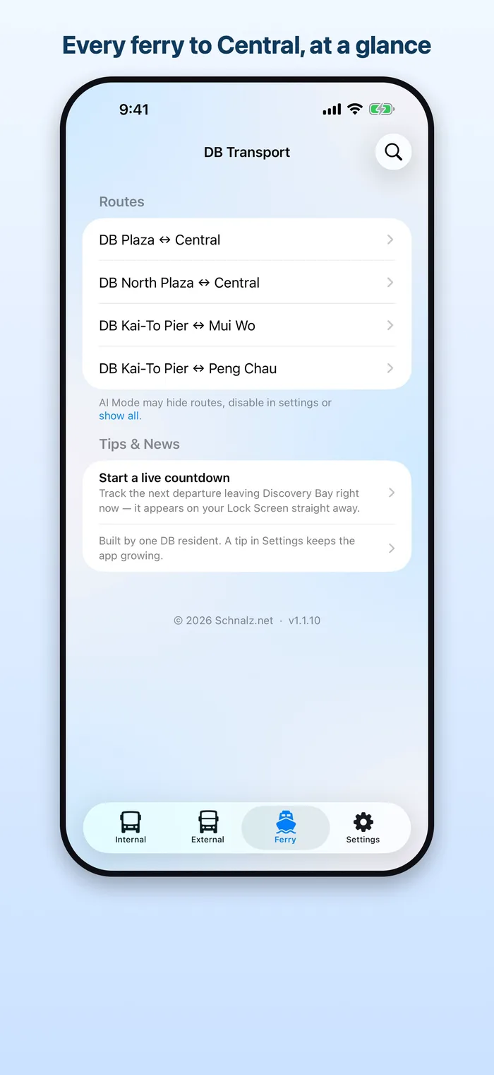 DB Transport's ferry tab — sailings between Central, DB Plaza, DB North Plaza, Mui Wo and Peng Chau