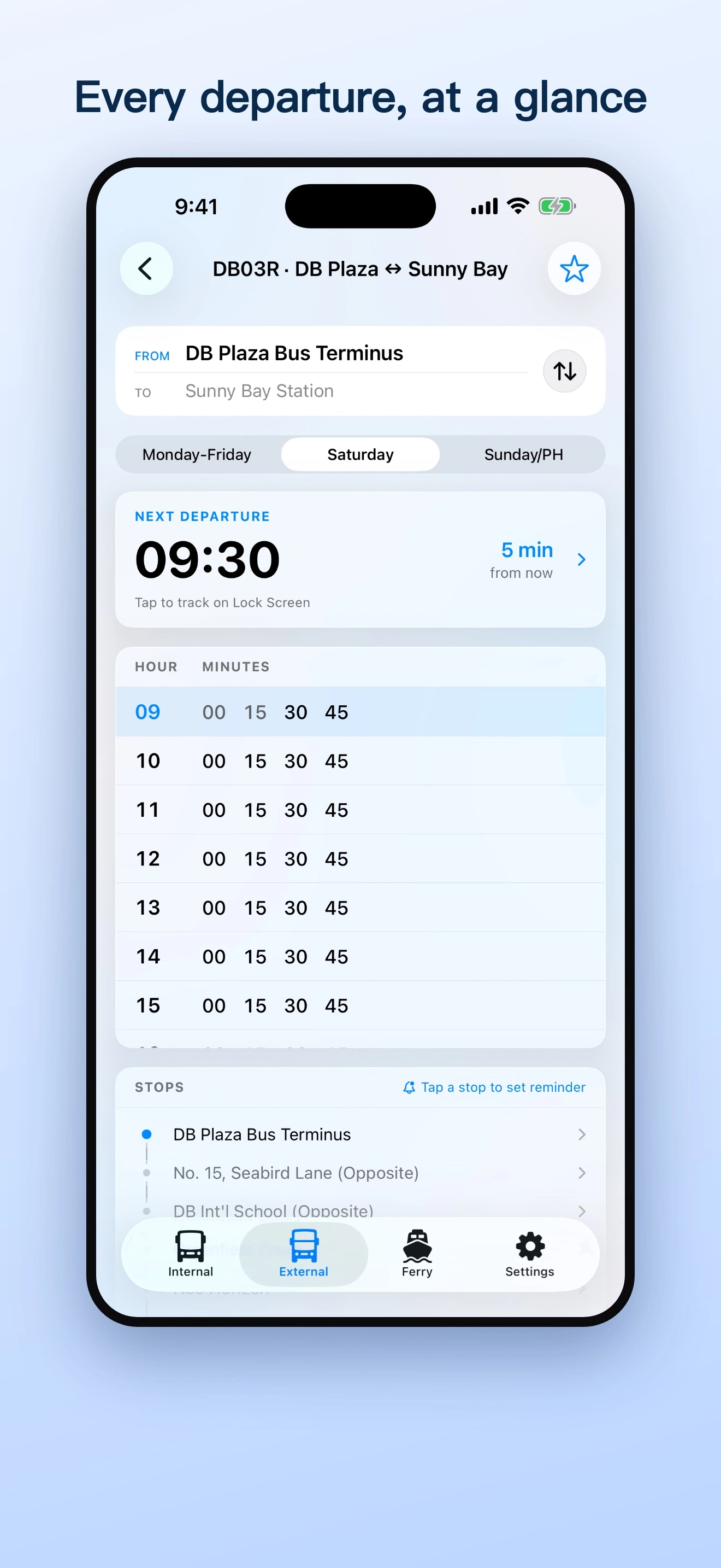 A DB Transport route detail — DB Plaza to Sunny Bay, with weekday, Saturday and Sunday/public-holiday timetables, the next departure and every stop