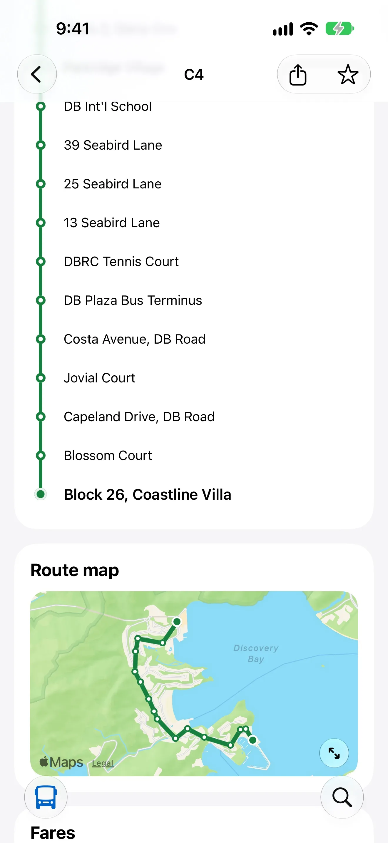 Every stop on a DB Transport route, the nearest one marked, with the route map and fares below