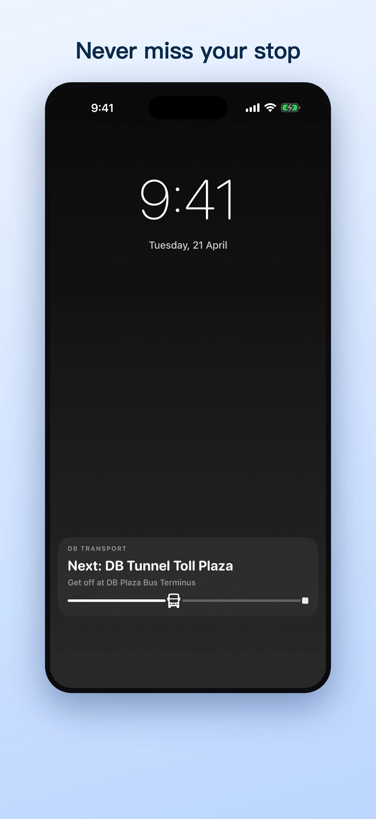 A DB Transport Live Activity counting down to the next stop on the iPhone Lock Screen