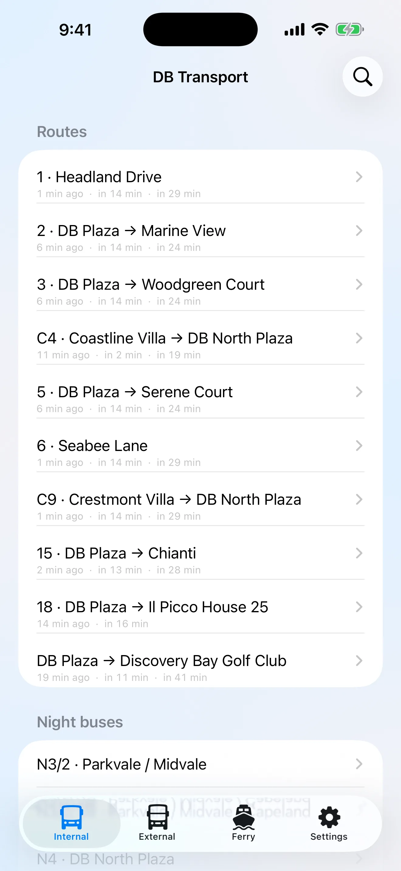DB Transport route list — every Discovery Bay bus and ferry with the next departures