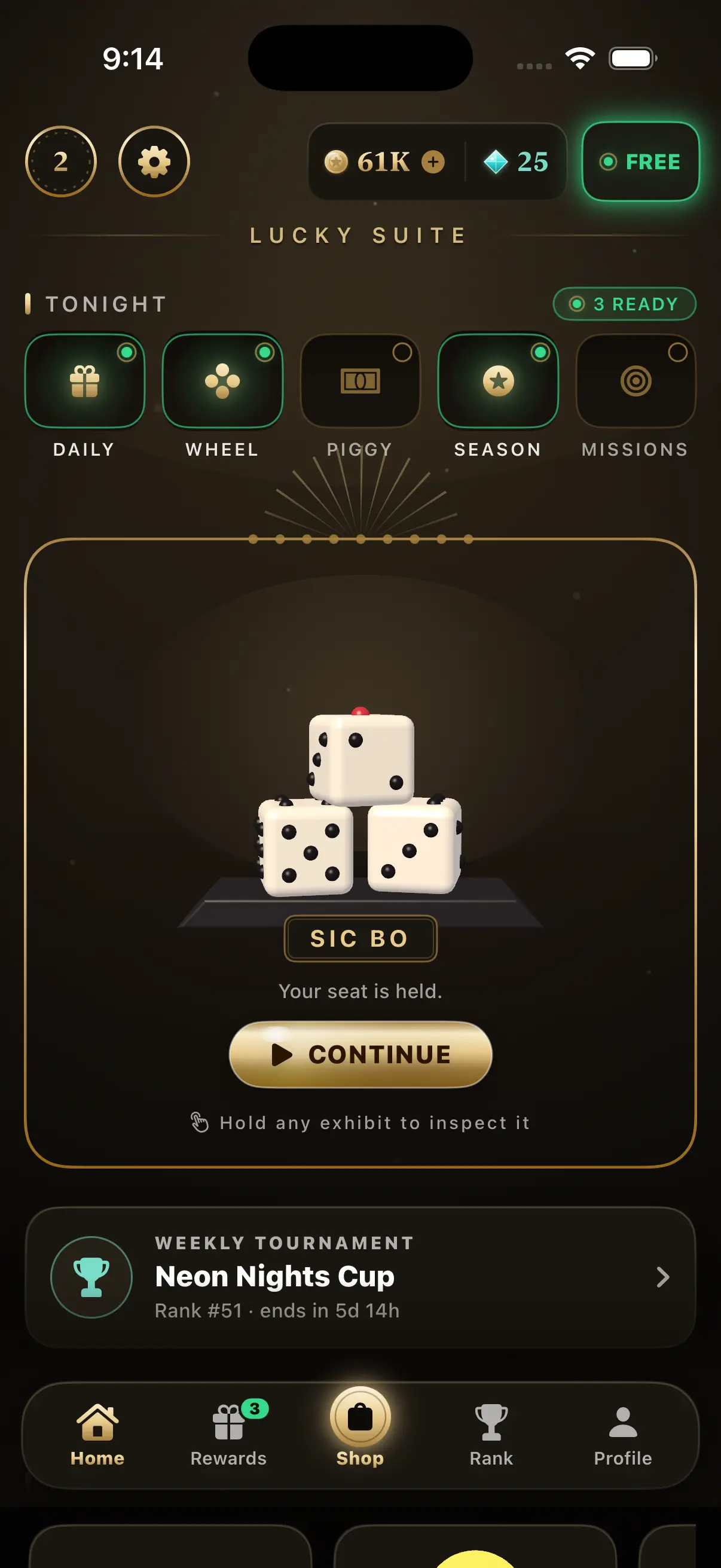 The Lucky Suite home screen — a nightly rewards row, a weekly tournament and the game you last played, ready to resume