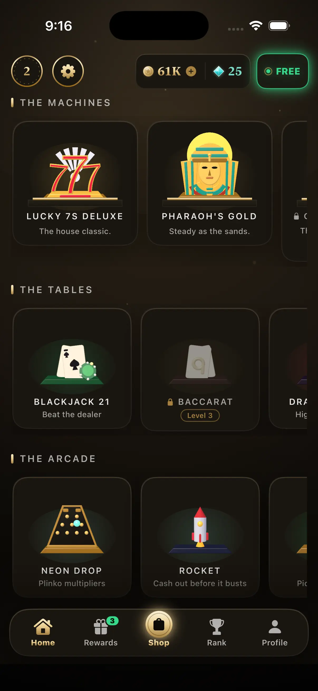 The game library, grouped into The Machines, The Tables and The Arcade