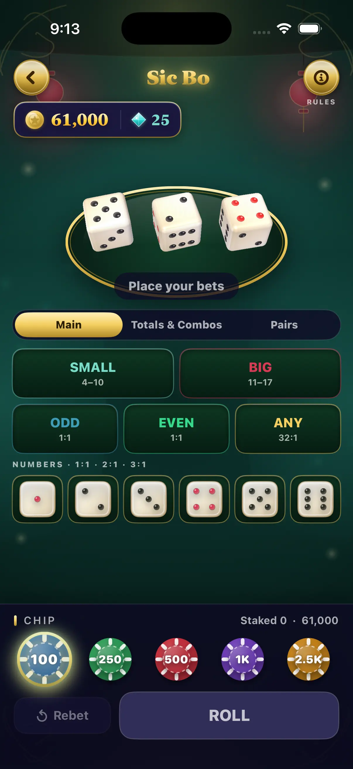 Sic Bo — three dice above the betting board, with virtual chips ready to stake