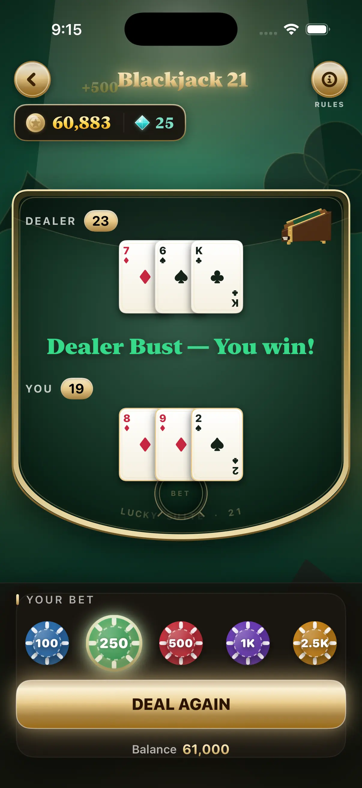 Blackjack 21 on green felt — the dealer busts on 23 and the hand is won