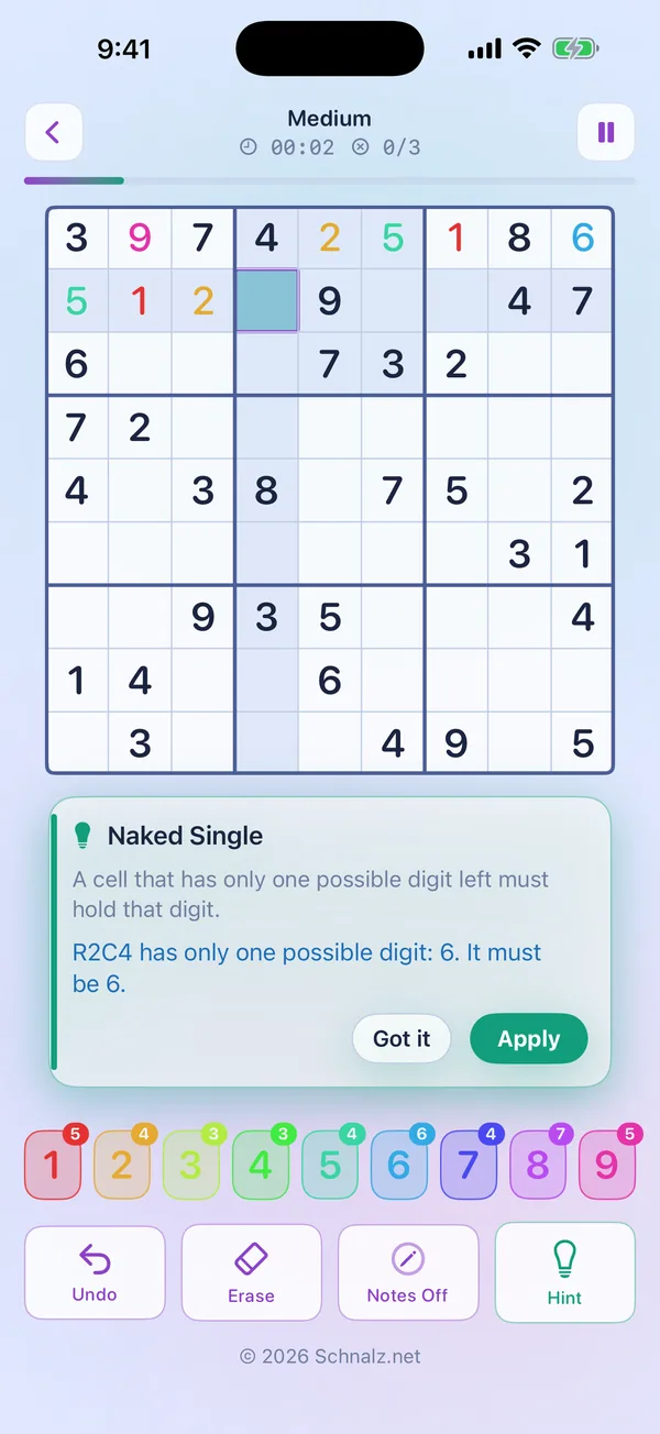 A puzzle with a teaching hint explaining a Sudoku technique in plain language