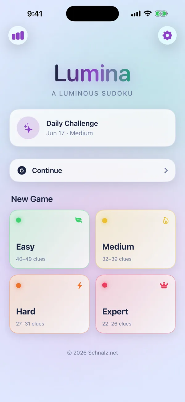 Lumina home screen with difficulty cards and the daily challenge