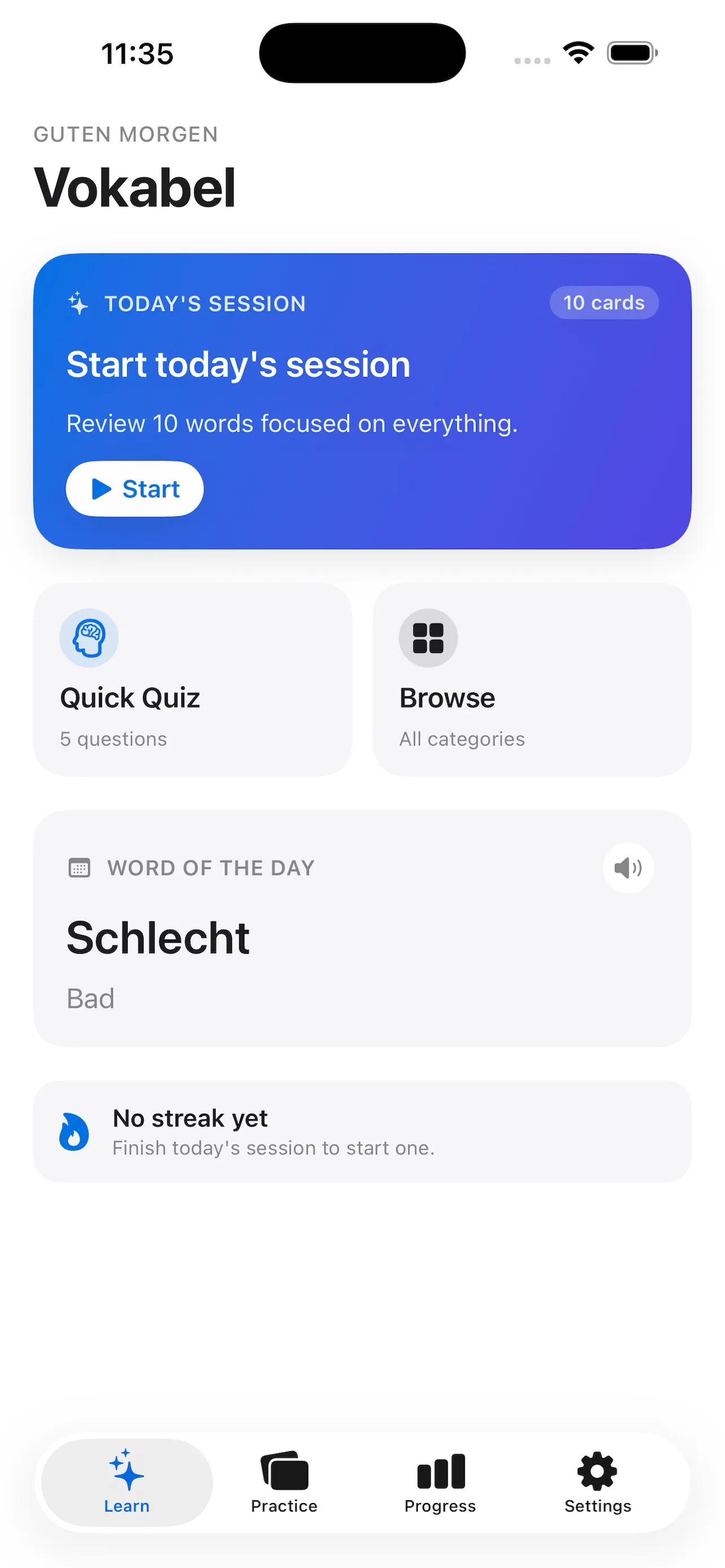 Vokabel home screen — German vocabulary flashcards with der/die/das gender labels