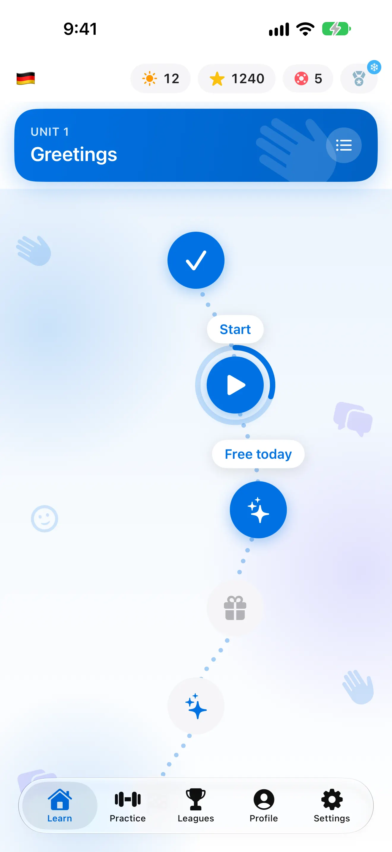 Learning path — unit by unit, with today's free lesson, gifts and a unit review