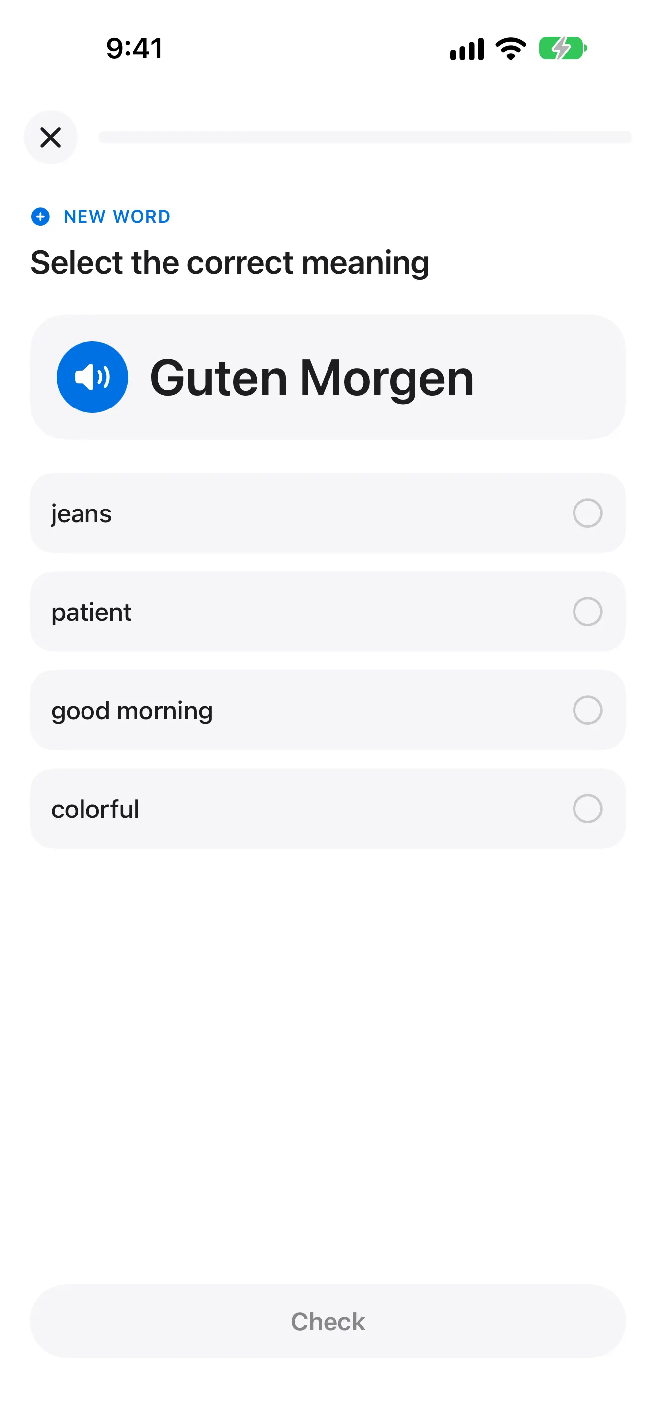 A lesson — pick the meaning of Guten Morgen, with audio