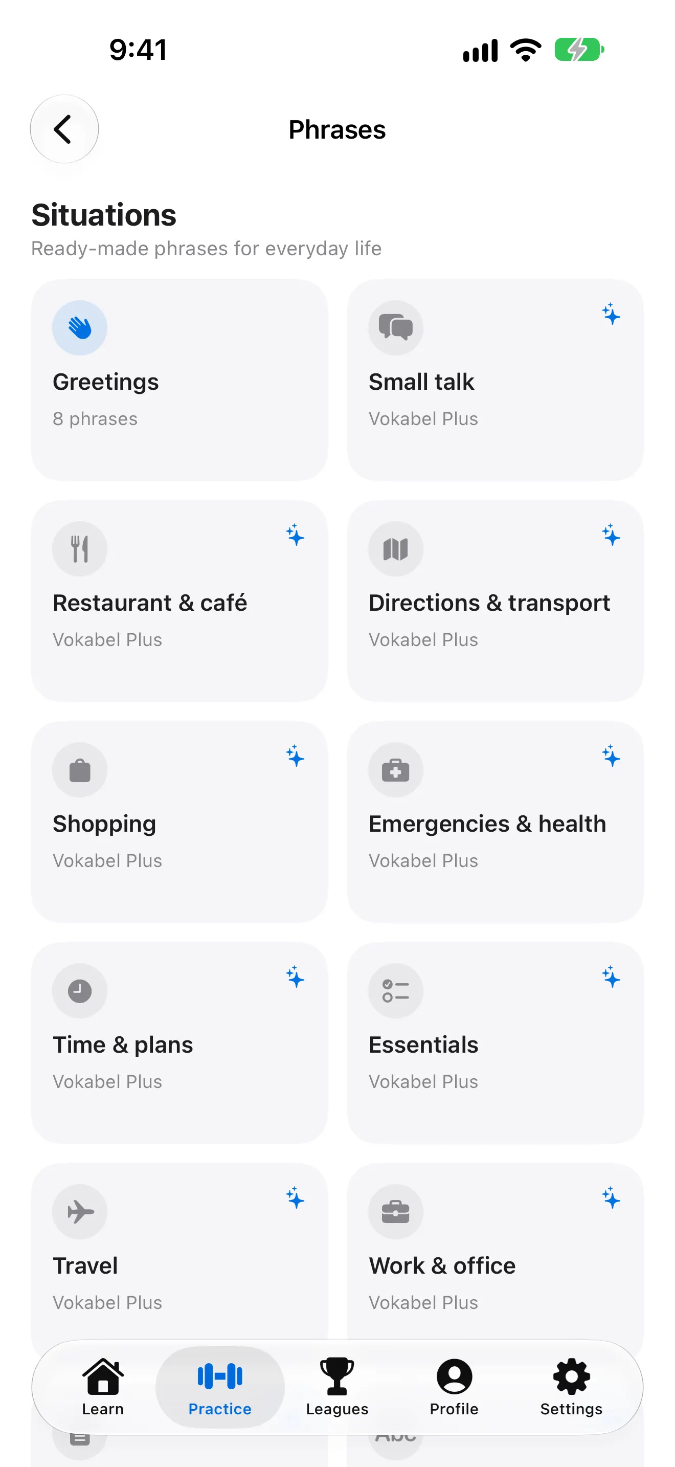 Phrases — situations like small talk, restaurant and bureaucracy, and example sentences by topic