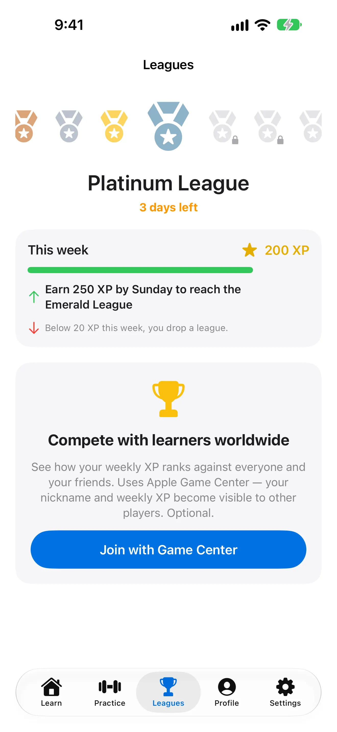Leagues — weekly XP league with promotion to the next league