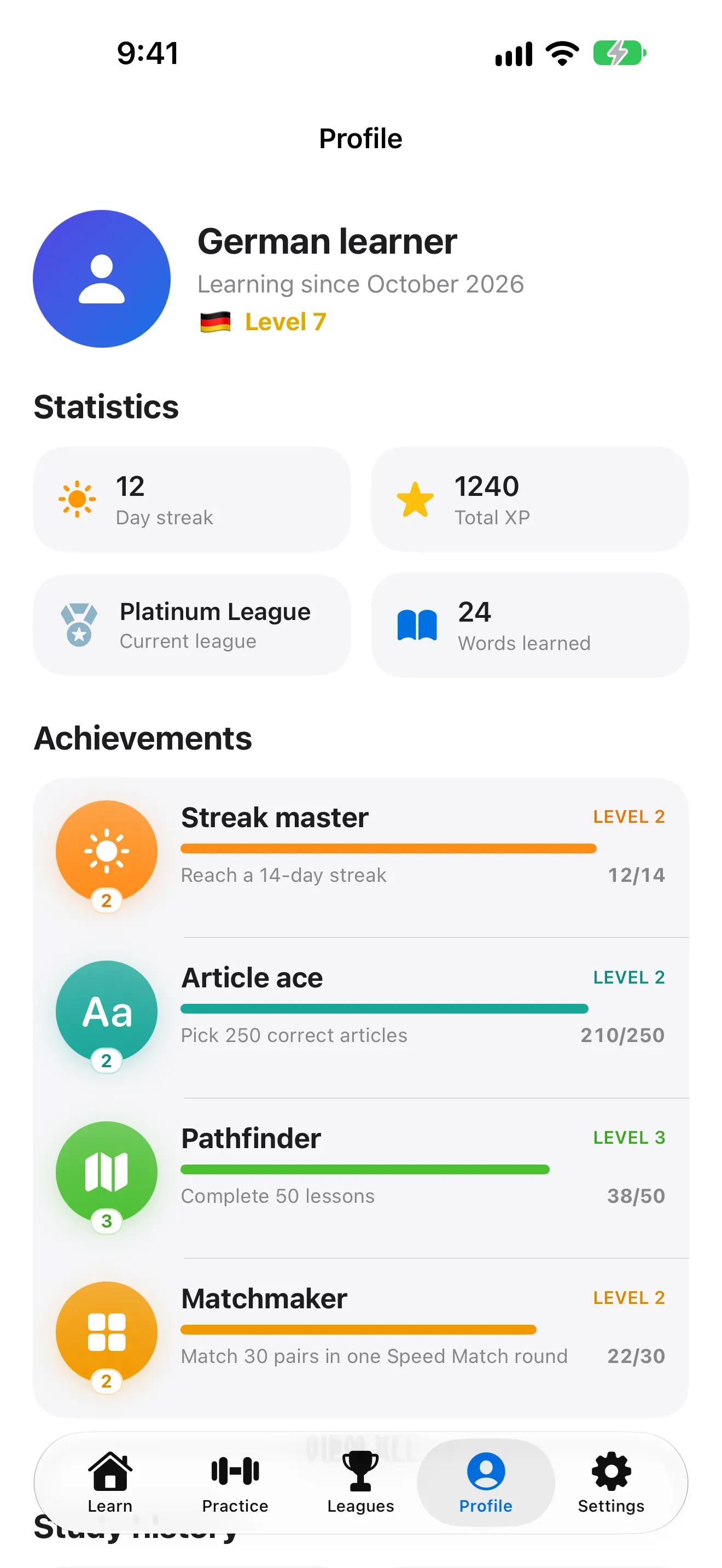Profile — streak, XP, league, words learned and achievements