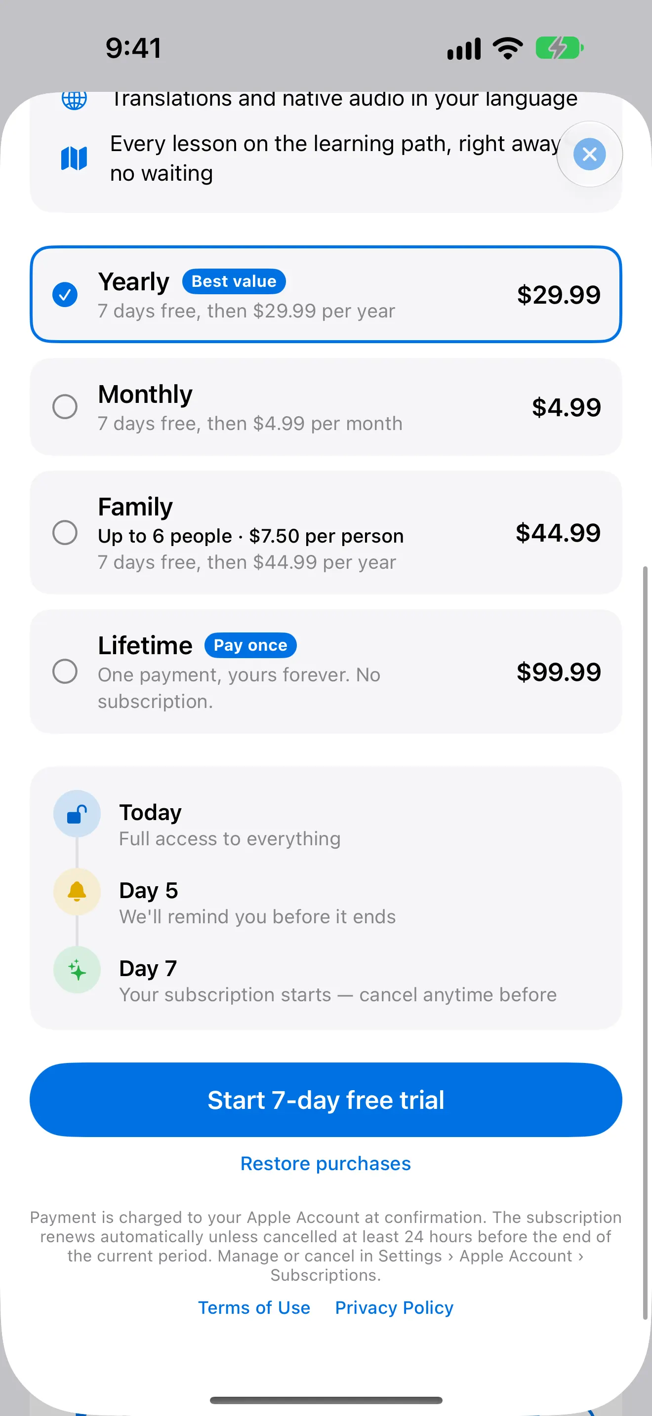 Vokabel Plus — yearly, monthly, Family and Lifetime, with the free-trial timeline