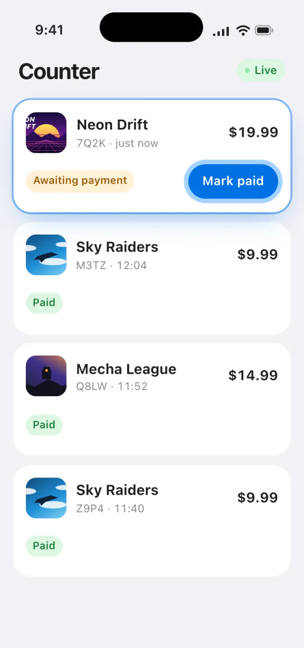 The 1minutecodes counter: a new order awaiting payment