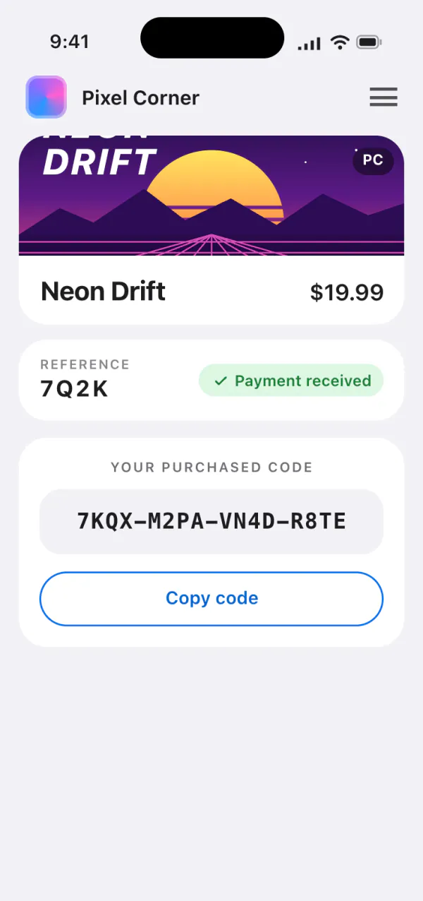 A customer's phone after paying: the purchased code revealed