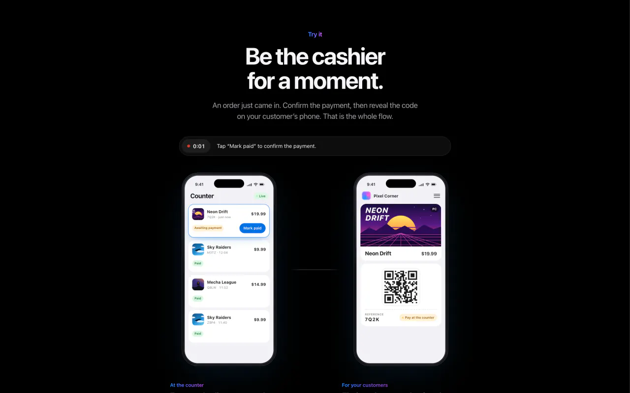 The 1minutecodes landing page demo: a live counter next to the customer's phone