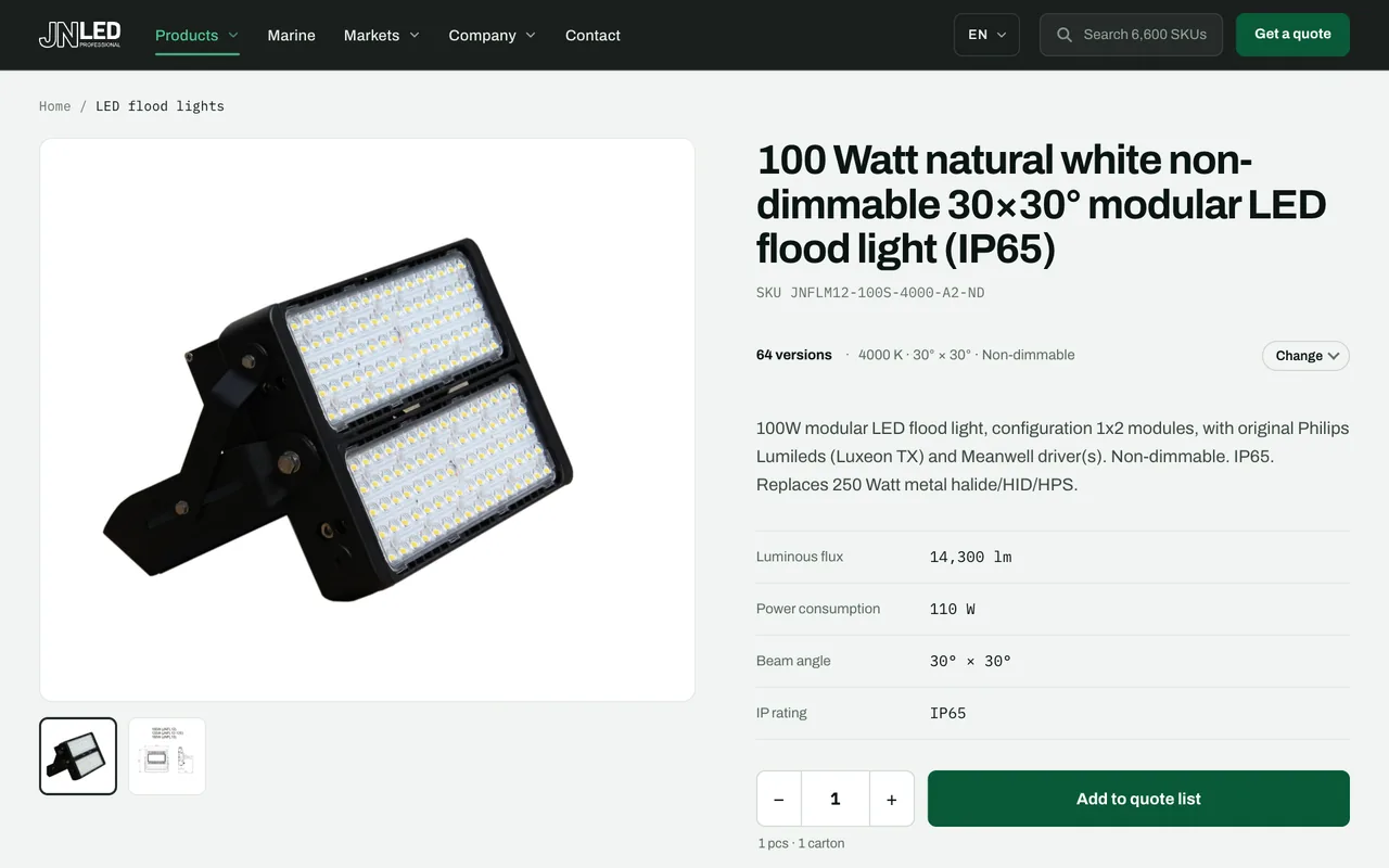 A jnled.net product page: a 100 W LED floodlight with its specification table and an Add to quote list button