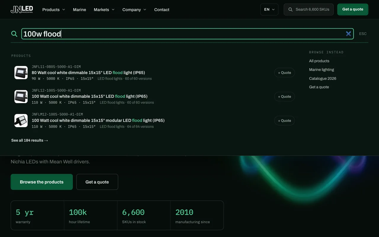 jnled.net search results for 100w flood, with part numbers, specs and Quote buttons